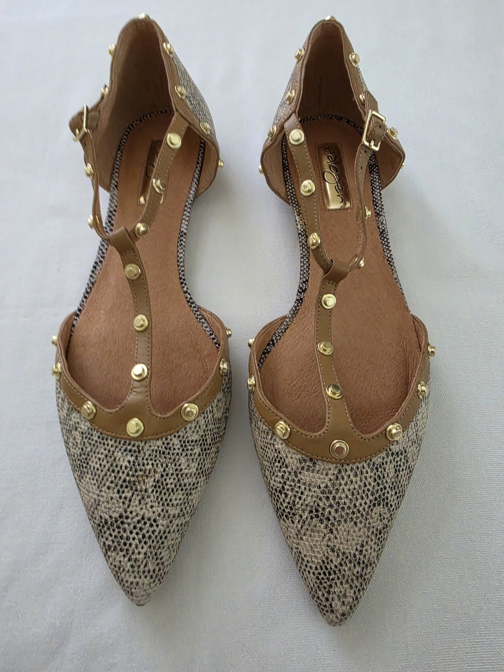 Studded Pointed-Toe D’Orsay Flats in Tan and Snake Print